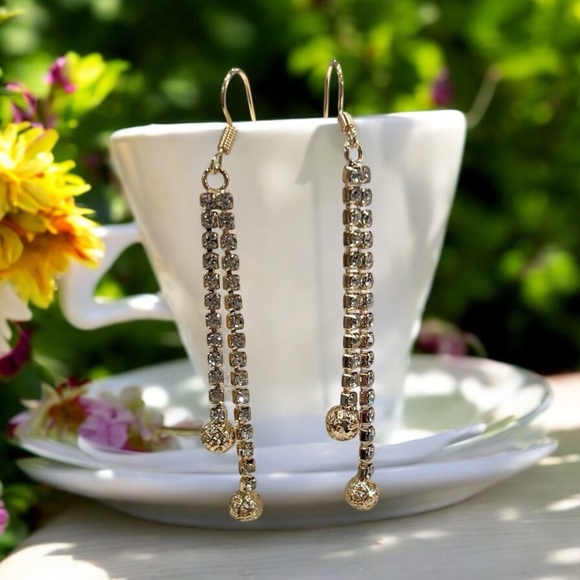 Double Golden Rhinestone Dangle Earrings - Picture 1 of 5